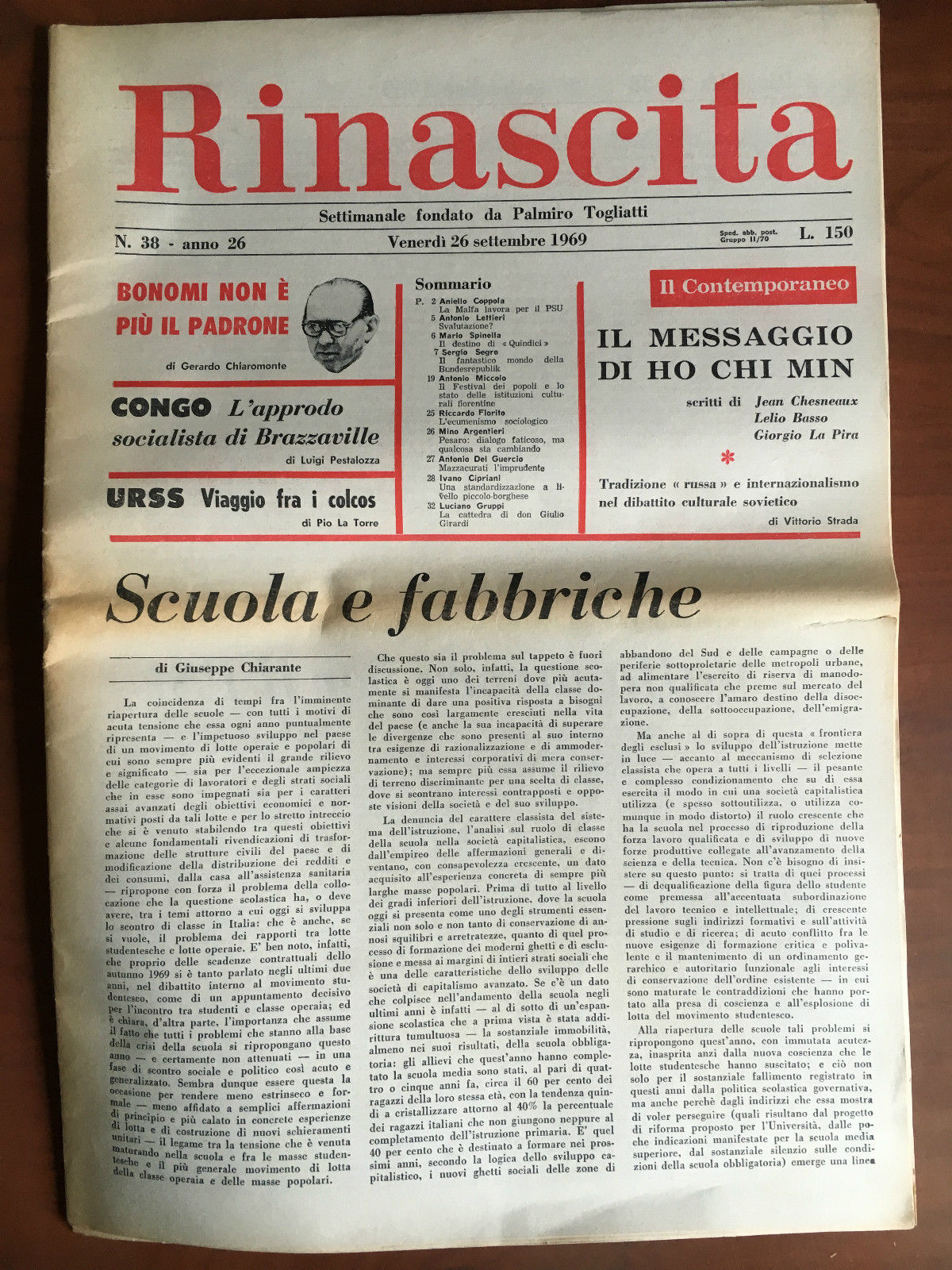 Rinascita n^ 38 anno 26 Venerdì 26 Settembre 1969 Palmiro …