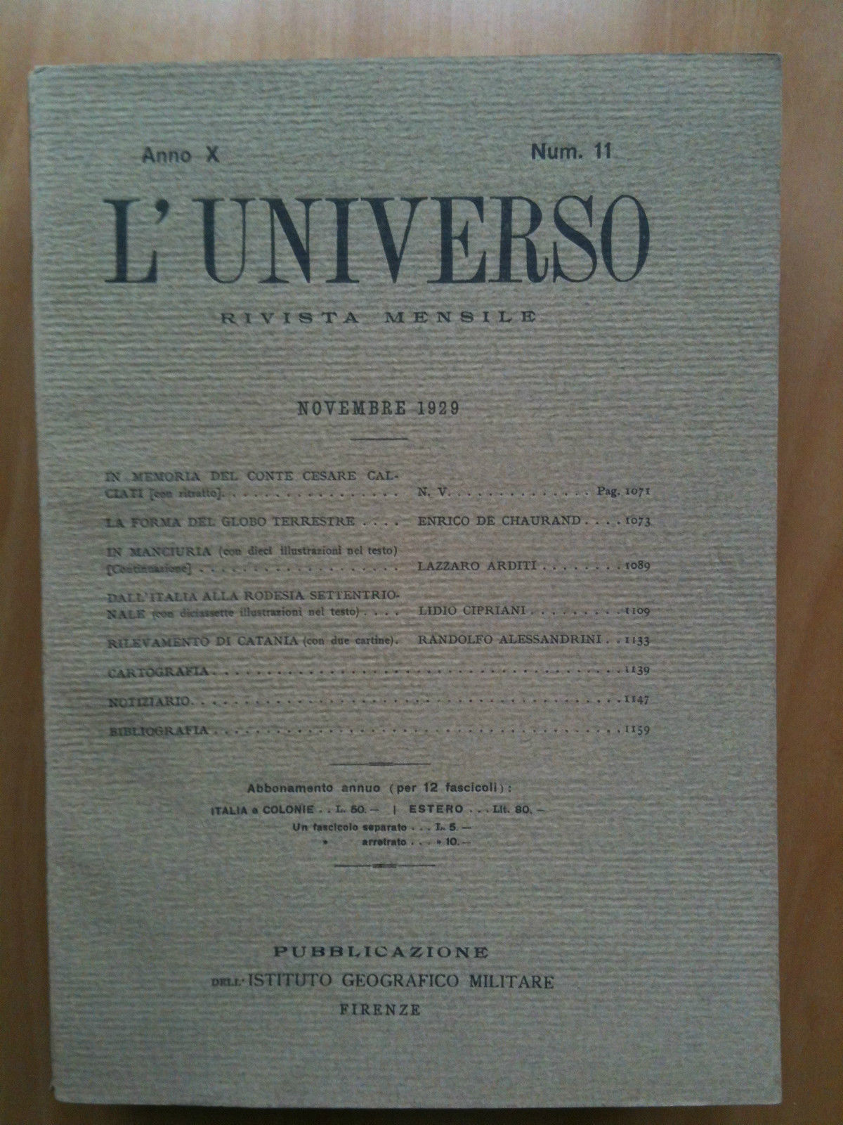 Rivista L'Universo Anno X - n^ 11 Novembre 1929
