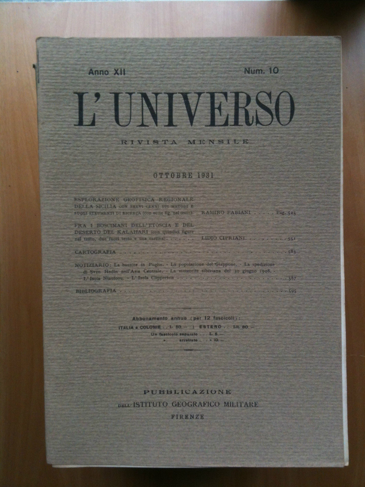 Rivista L'Universo Anno XII - n^ 10 Ottobre 1931