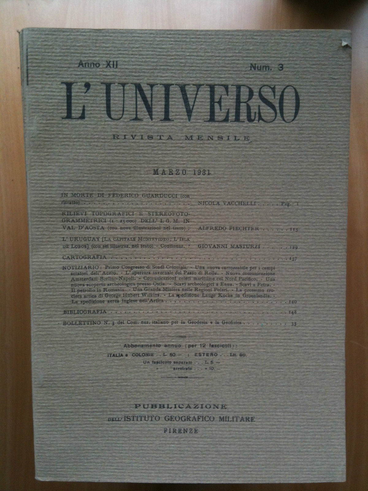 Rivista L'Universo Anno XII - n^ 3 Marzo 1931