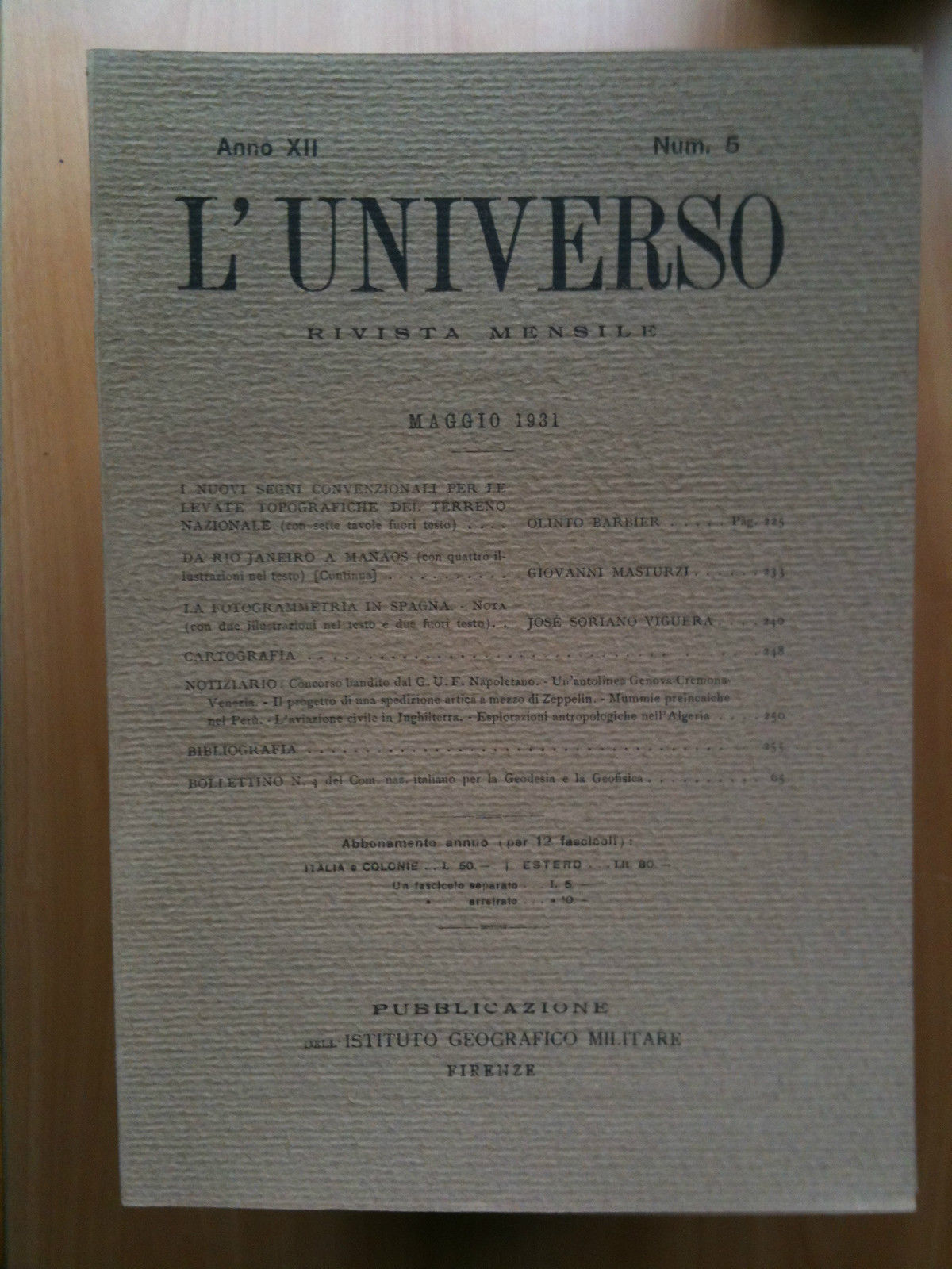 Rivista L'Universo Anno XII - n^ 5 Maggio 1931