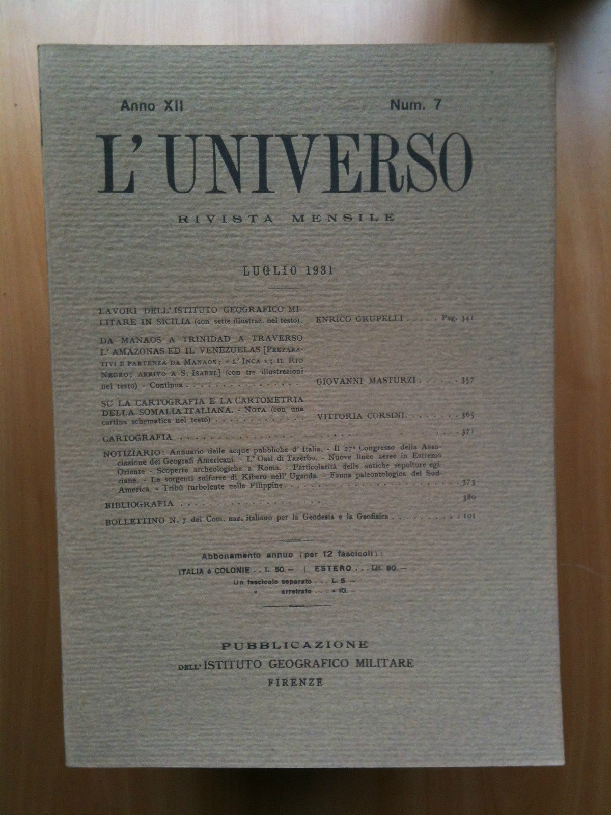 Rivista L'Universo Anno XII - n^ 7 Luglio 1931