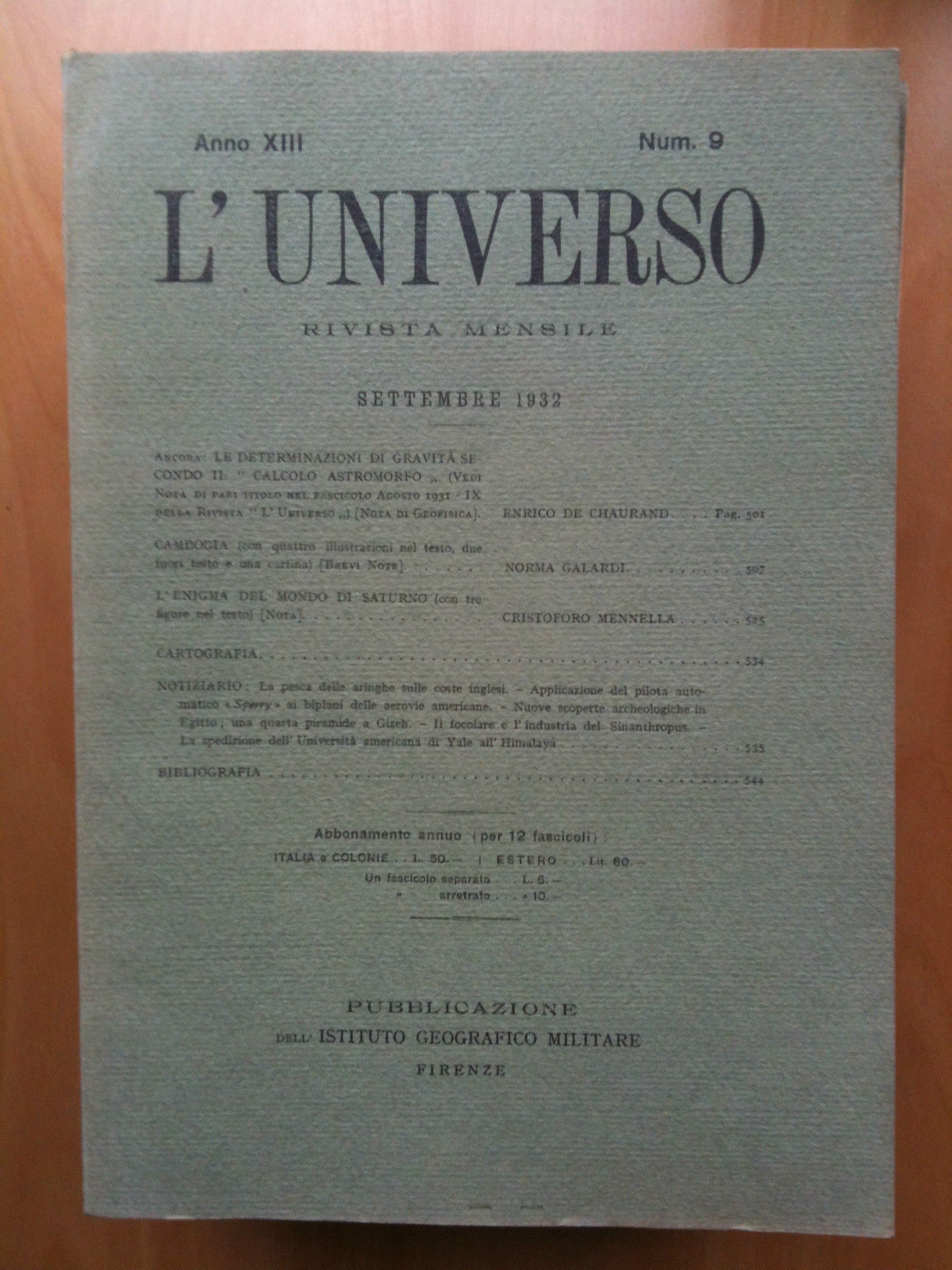Rivista L'Universo Anno XIII - n^ 9 Settembre 1932