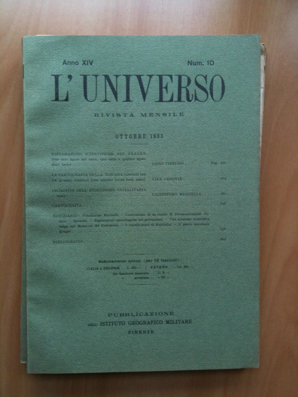 Rivista L'Universo Anno XIV - n^ 10 Ottobre 1933