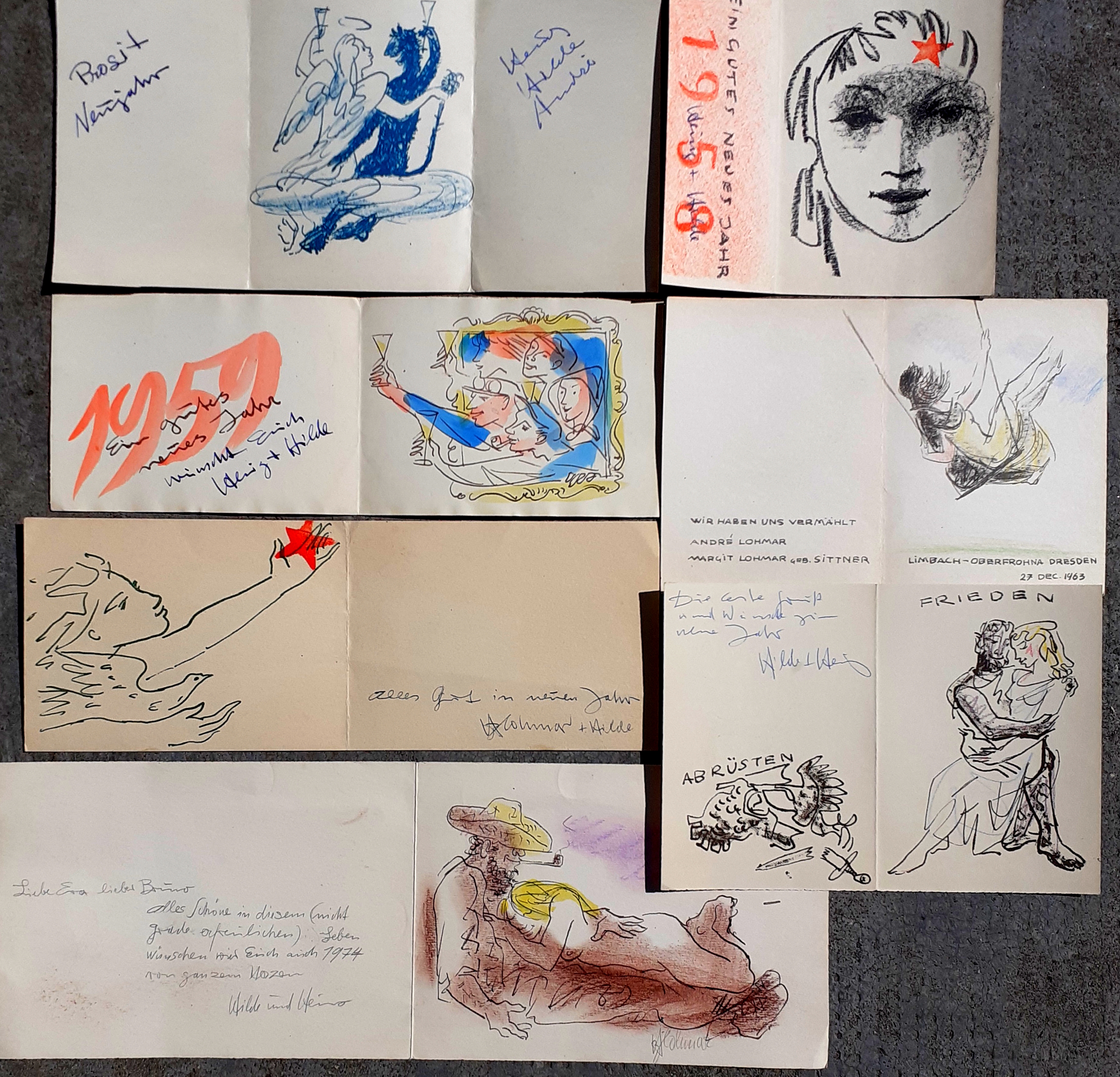 Sette biglietti augurali tedeschi anni '50 e '60
