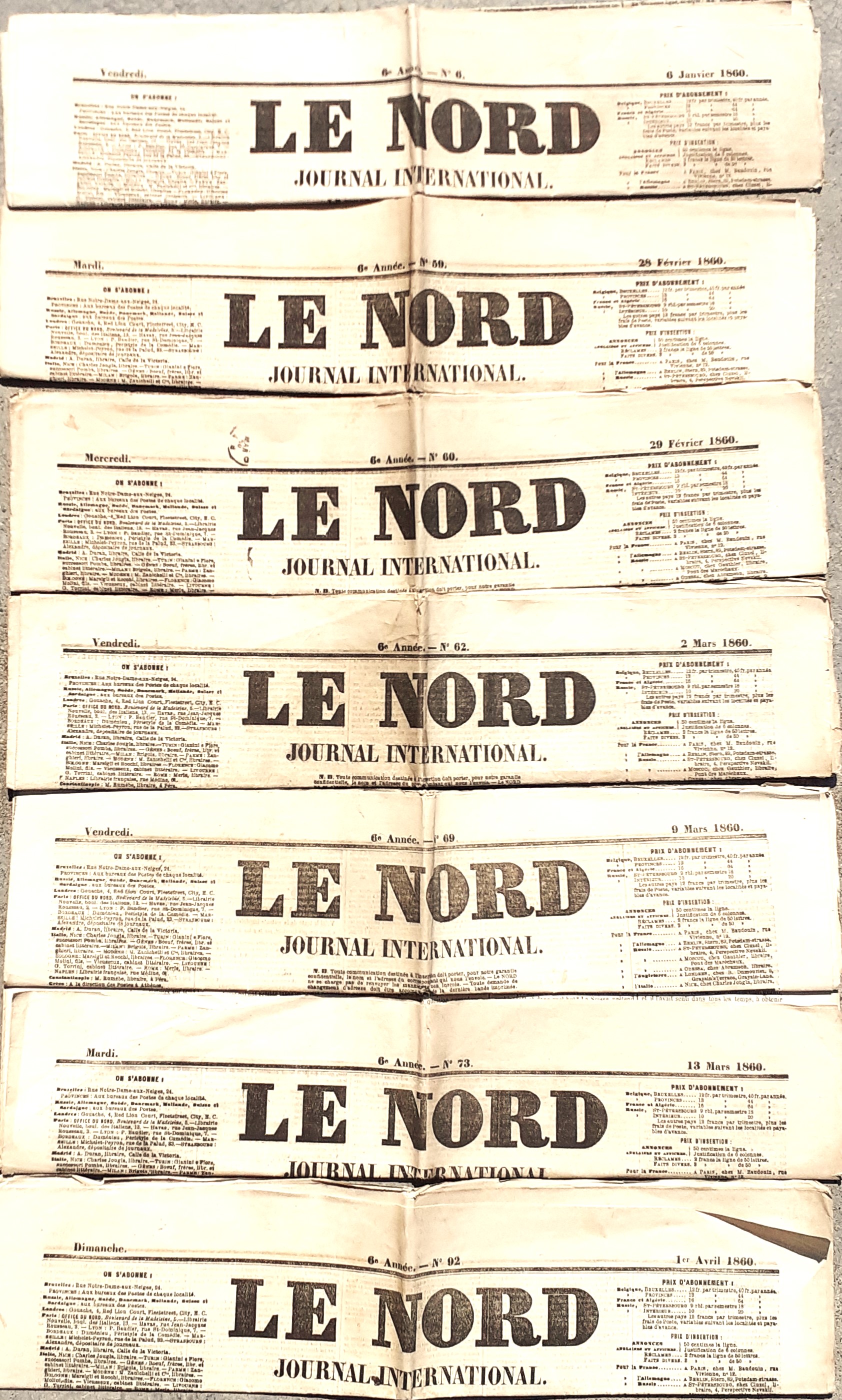 Sette numeri del giornale Le Nord international pre Unità d'Italia …