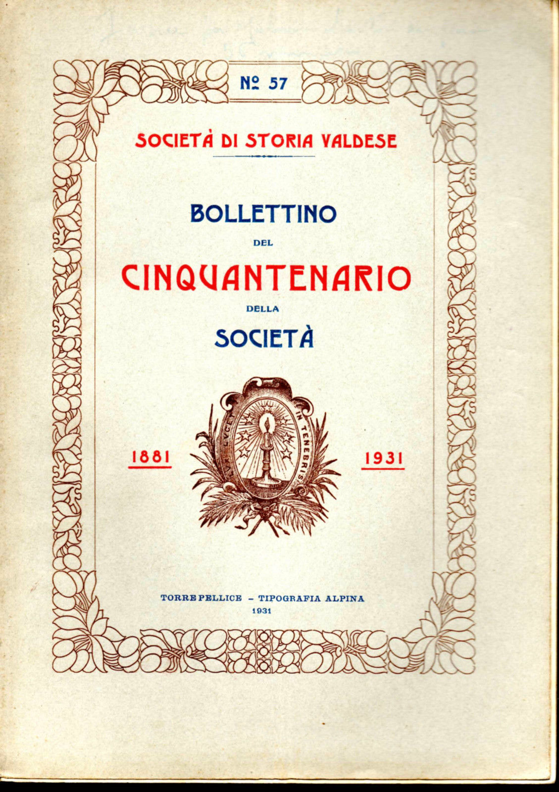 Società di Storia Valdese Bollettino del cinquantenario 1931