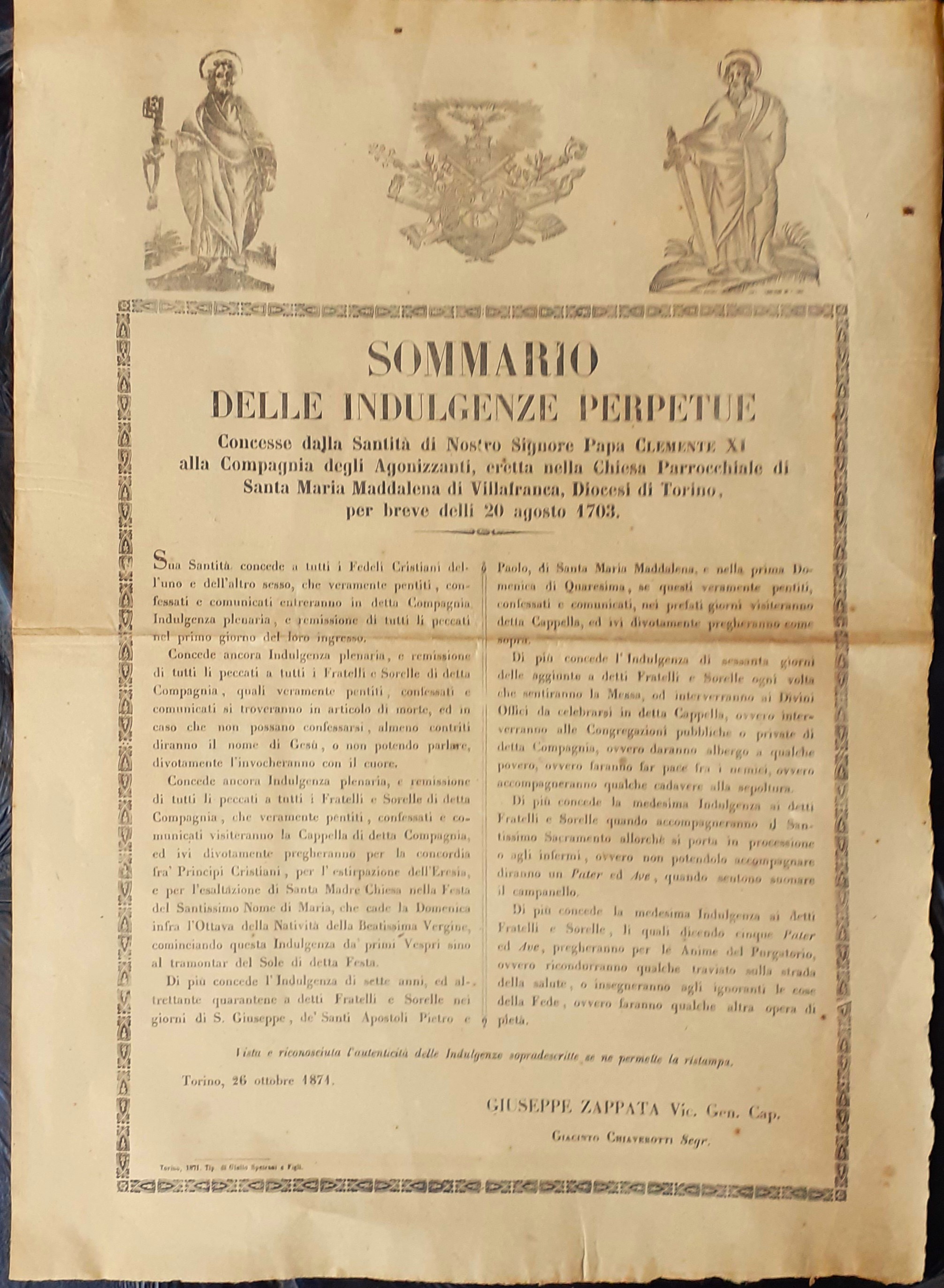 Sommario delle indulgenze perpetue Papa Clemente XI Villafranca 1871 - …