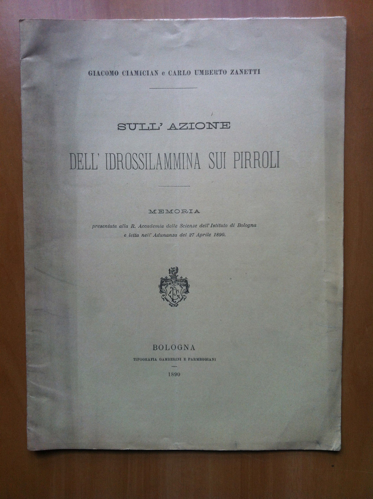 Sull'Azione dell'Idrossilammina sui Pirroli Ciamician Zanetti 1890 - E15084