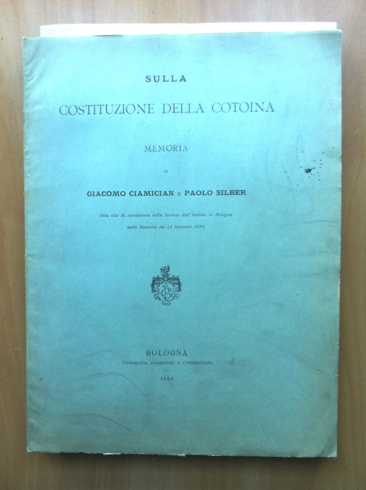 Sulla costituzione della cotoina G. Ciamician e P. Silber 1894 …