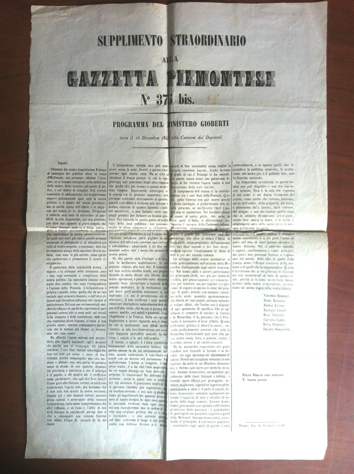 Supplemento con programma del Ministro Gioberti Gazzetta Piemontese 1848- E10653
