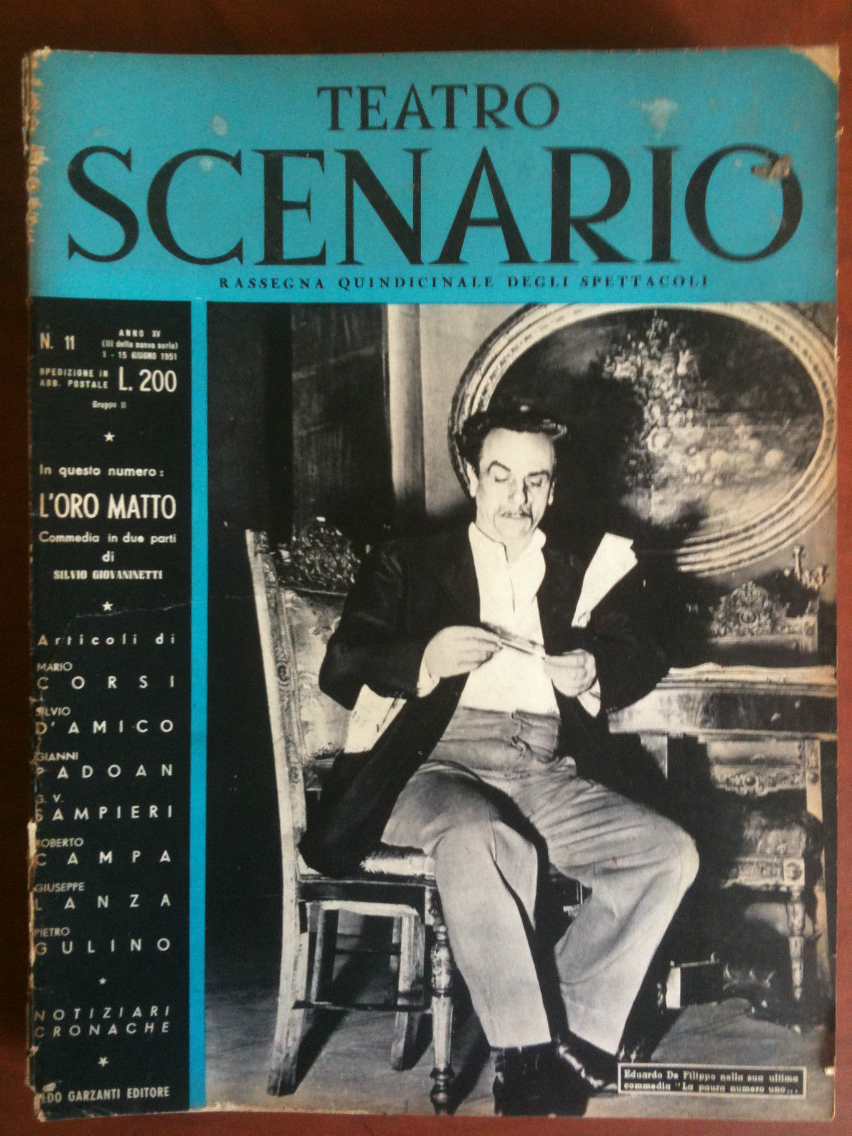 Teatro Scenario n^ 11 Anno XV Giugno 1951 Cover Eduardo …