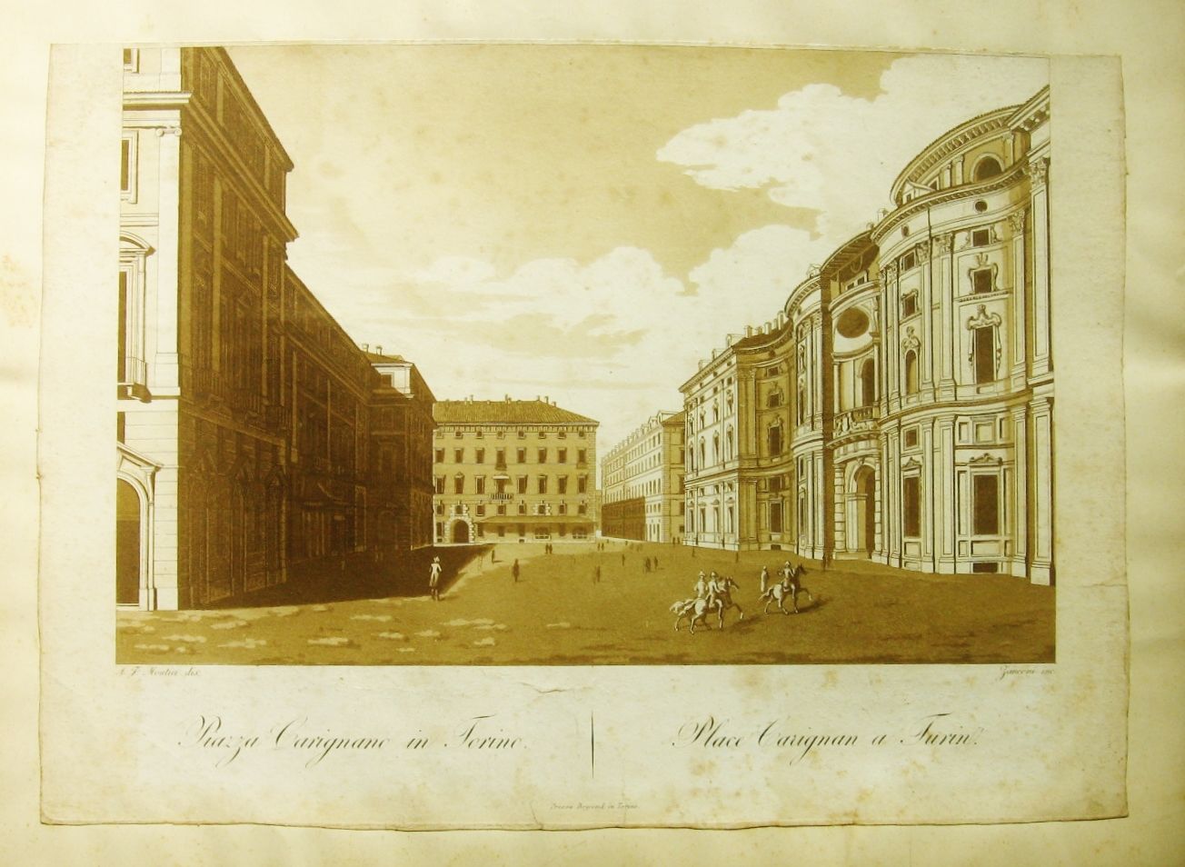 Torino Piazza Carignano rara incisione 1817