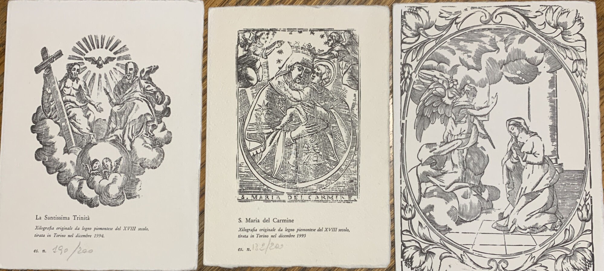 Tre biglietti d'auguri con xilografie da legni originali