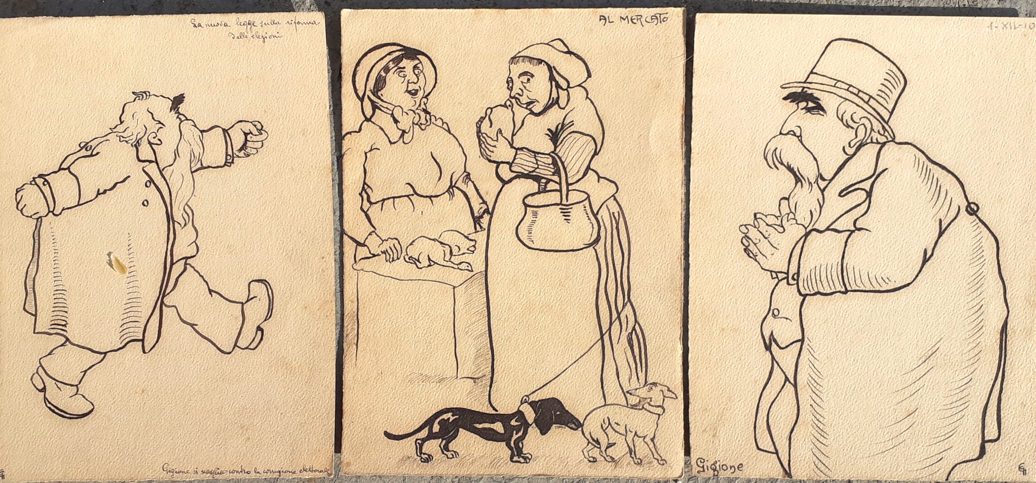 Tre Caricature a penna datate 1910