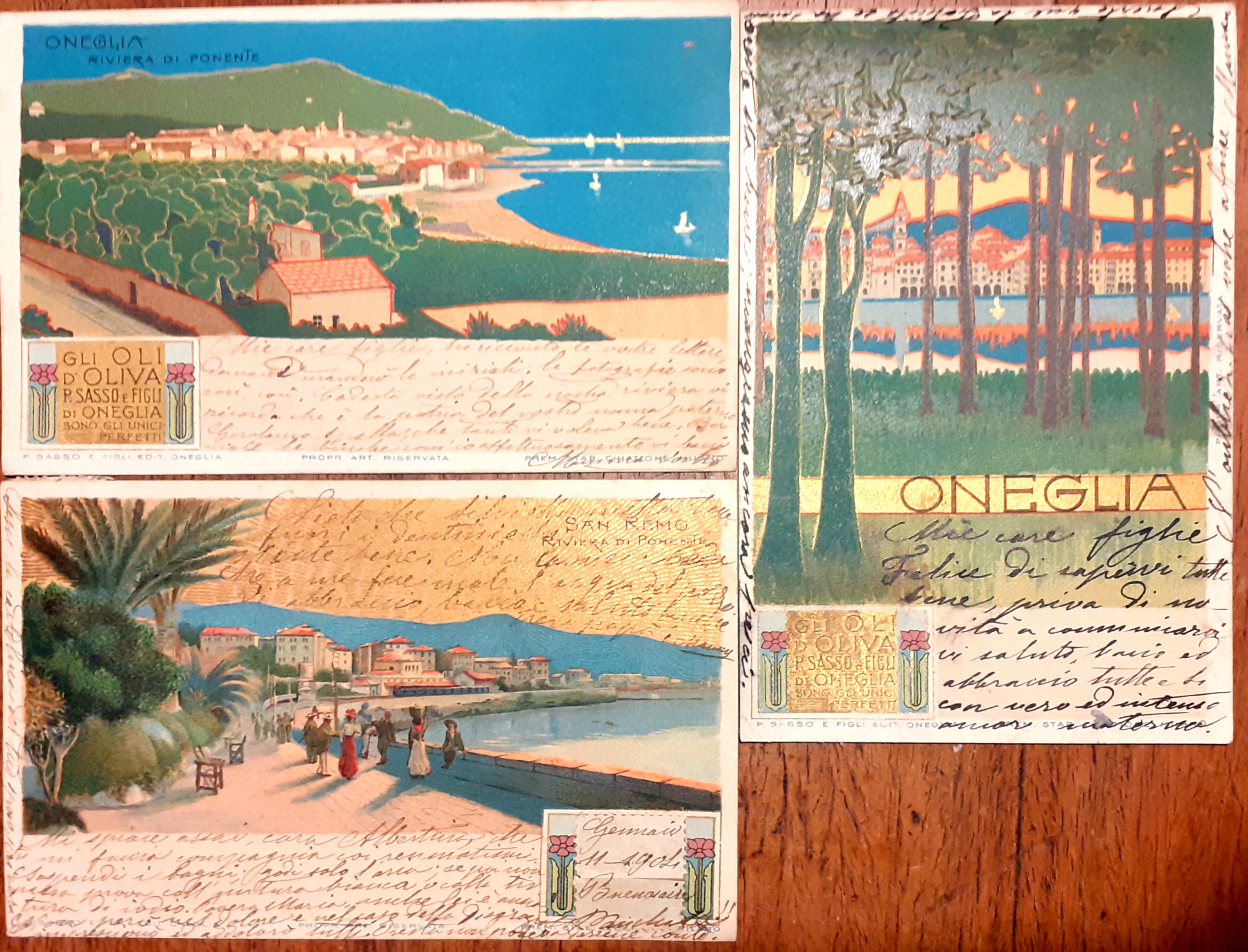 Tre cartoline pubblicitarie olio SASSO Oneglia viaggiate 1904