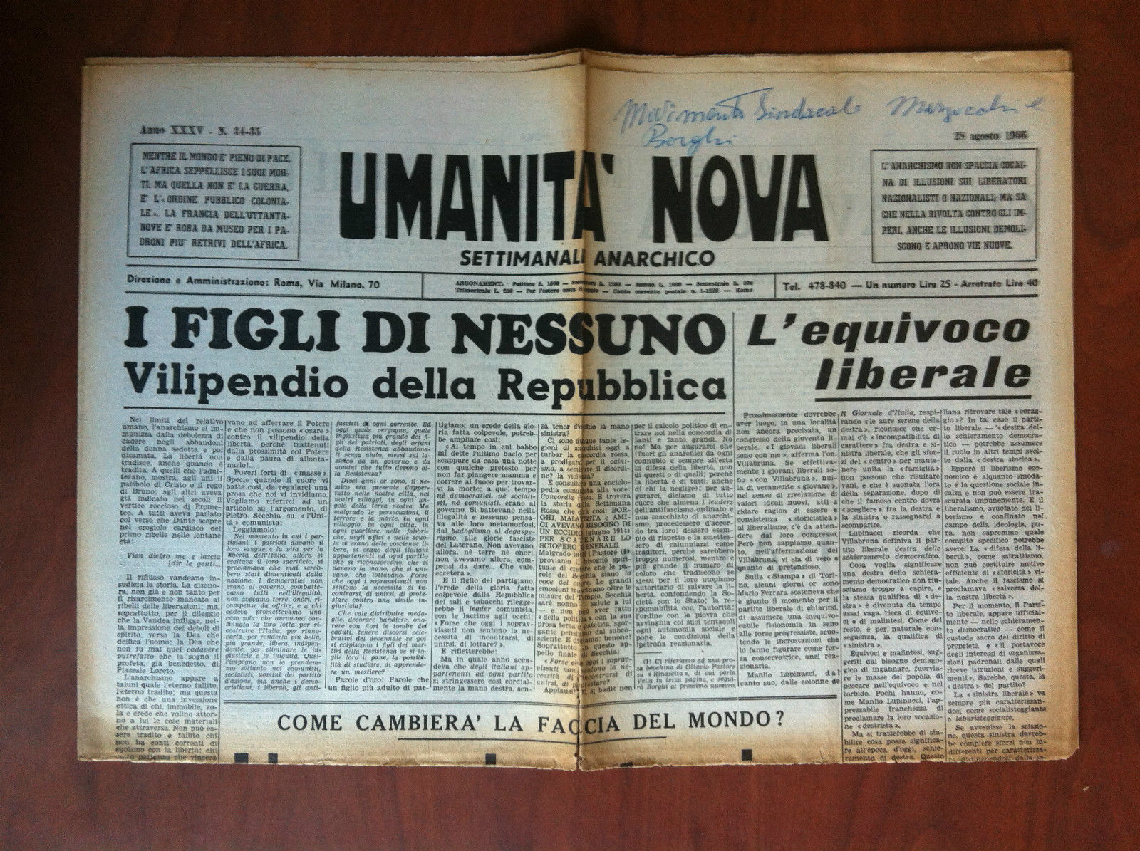 Umanità Nova Anno XXXV n^ 34-35 - 28 Agosto 1955 …