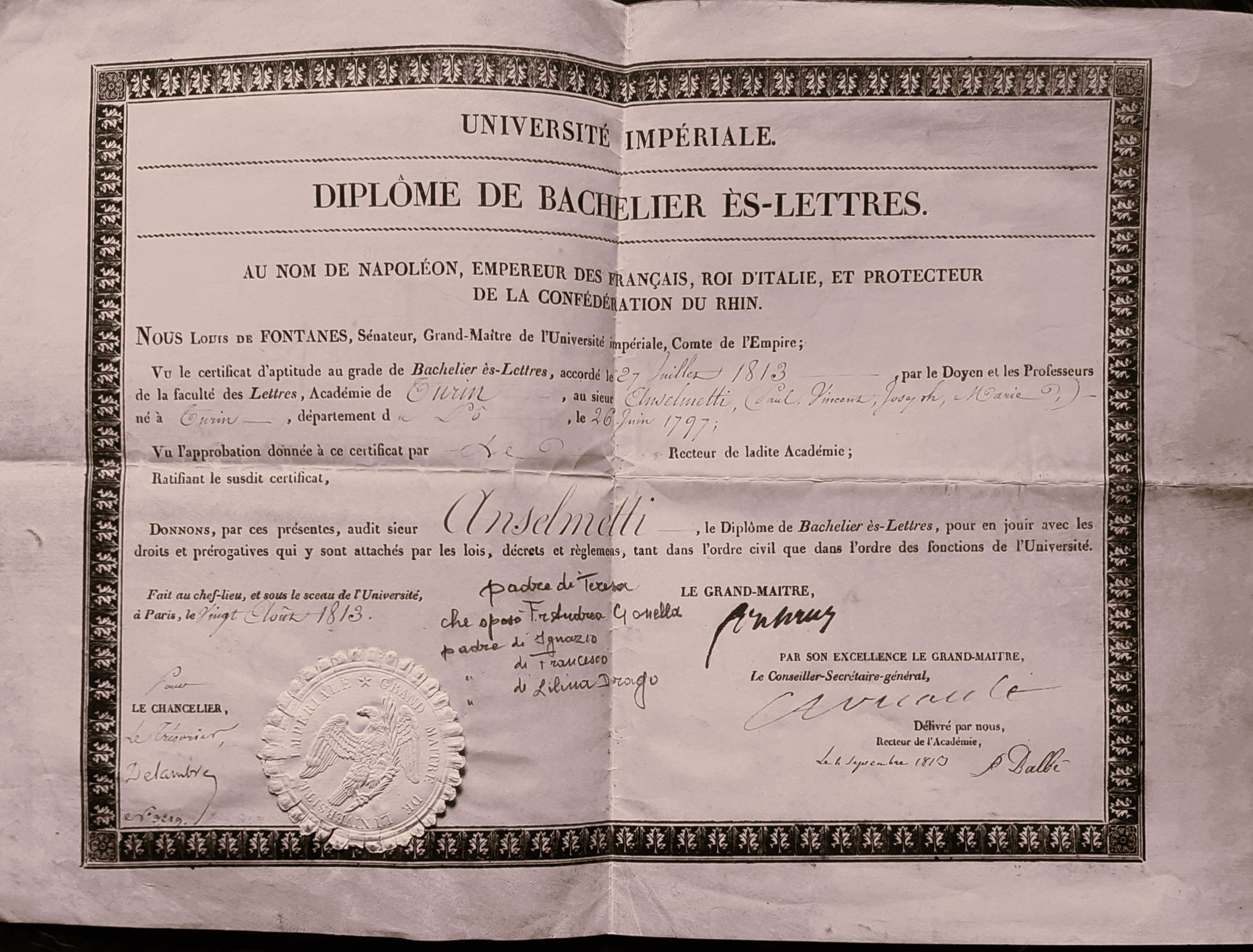 Université Impériale Diplome de Bachelier ès-lettres Paris 1813