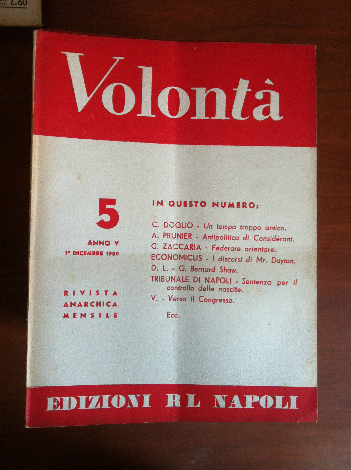 Volontà n^ 5 Anno V 1 Dicembre 1950 Rivista Anarchica …