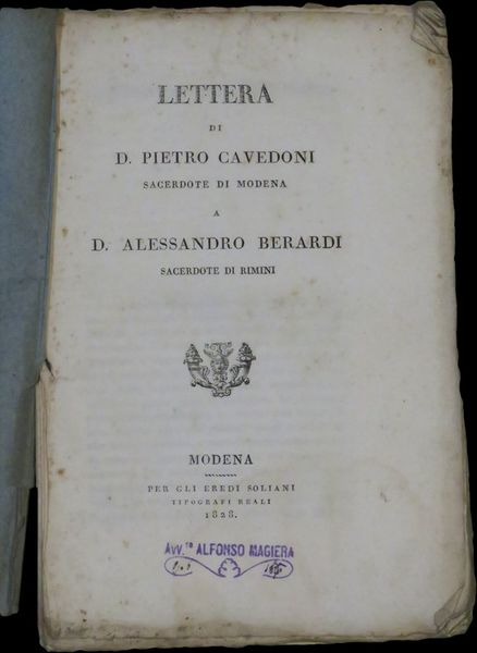 Lettera di d. Pietro Cavedoni sacerdote di Modena a d. …