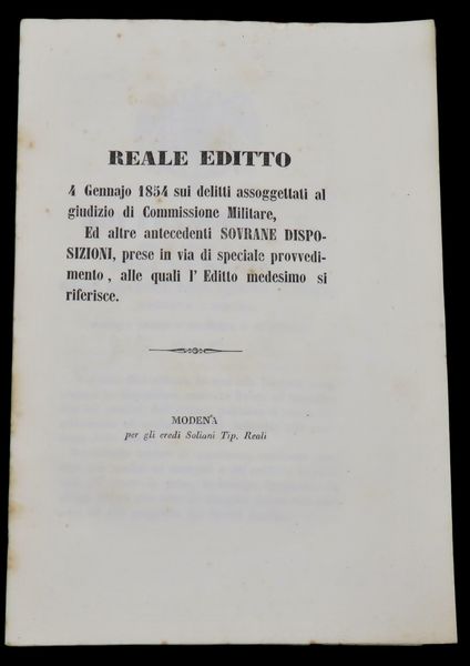 Reale editto 4 Gennajo 1854 sui delitti assoggettati al giudizio …