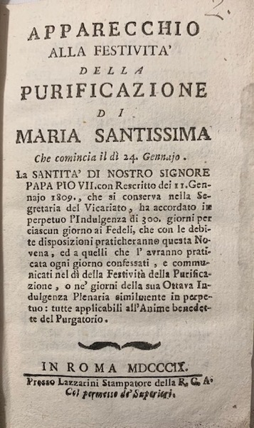 Apparecchio alla Festività della purificazione di Maria Santissima, Che comincia …