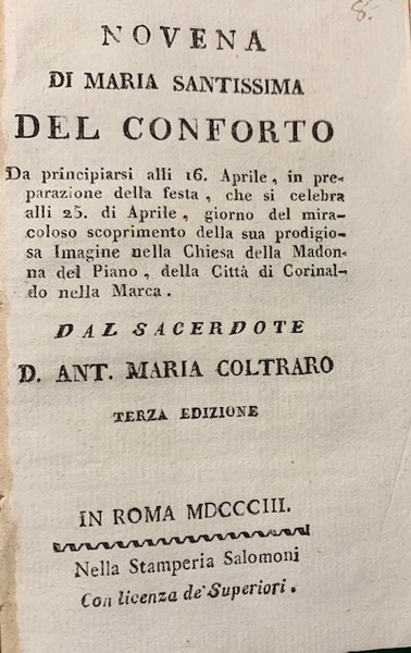 Novena di Maria Santissima del Conforto Da Principiarsi alli 16. …