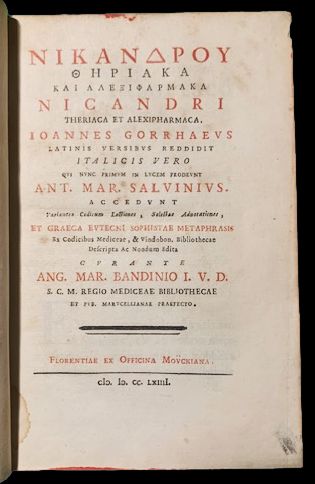 Nikandrou Theriaka kai Alexipharmaka Nicandri Theriaca et Alexipharmaca. Ioannes Gorrhaeus …