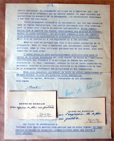 Autographes d'Henri de Kérillis Directeur du "Centre de Propagande des …