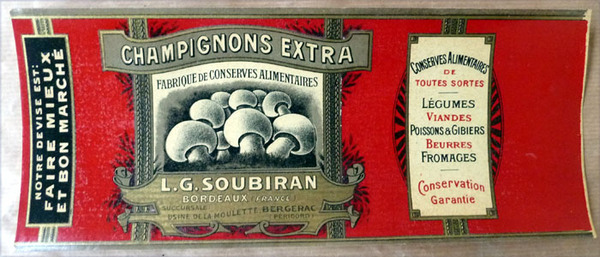 Une chromolithographie "Champignons Extra. Notre Devise est faire Mieux et …