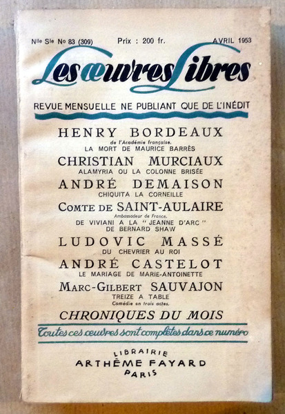 Les Oeuvres Libres. Avril 1953.