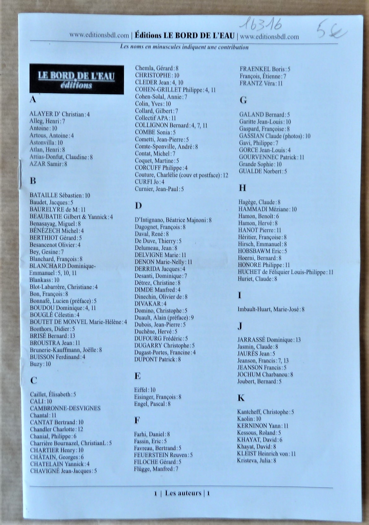 Catalogue des éditions "Le Bord de l'Eau".