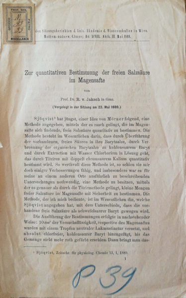 Zur quantitativen bestimmung der freien salzsaure im magensafte