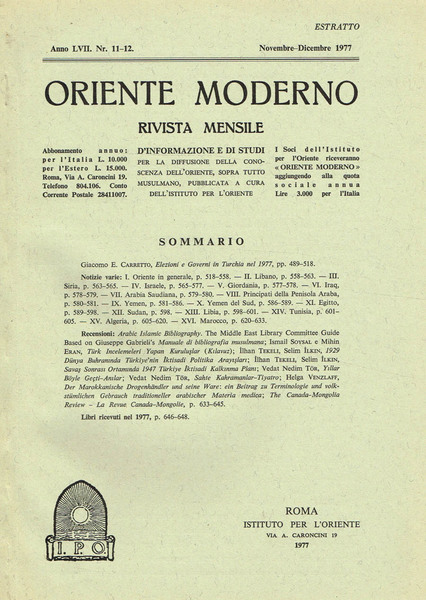 ORIENTE MODERNO ANNO LVII N.11-12 ESTRATTO