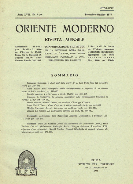 ORIENTE MODERNO ANNO LVII N.9-10 ESTRATTO