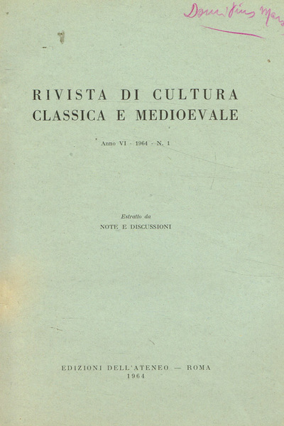 Rivista di cultura classica e medioevale anno VI 1964 n.1. …