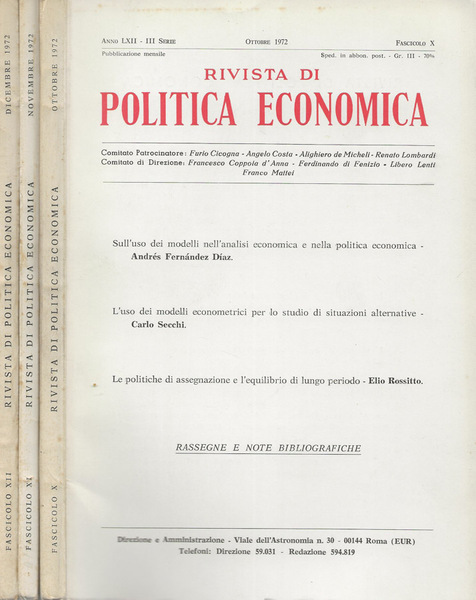 Rivista di politica economica Anno LXII, Serie III, Fascicolo X,XI,XII, …