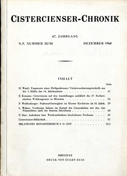 CISTERCIENSER-CHRONIK n.53/54 del 1960