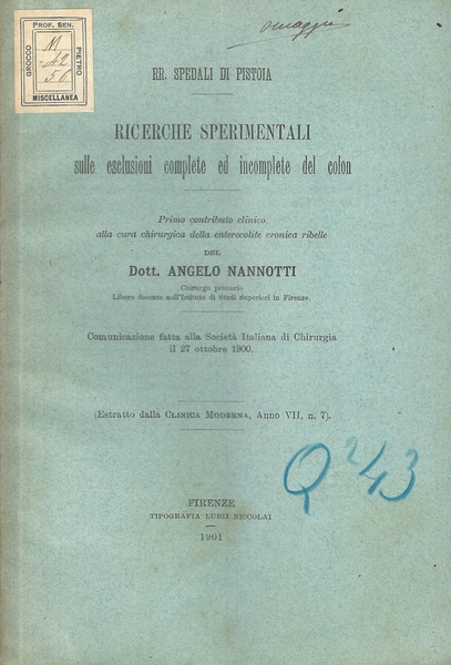 Ricerche sperimentali sulle esclusioni complete ed incomplete del colon