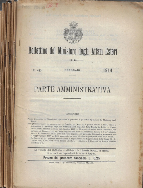 Bollettino del Ministero degli Affari Esteri anno 1914 (febbraio-dicembre)