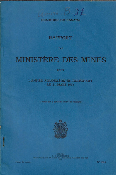 Rapport du Ministère des Mines pour l'année financière se terminant …