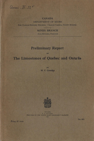 Preliminary Report on the Limestones of Quebec and Ontario