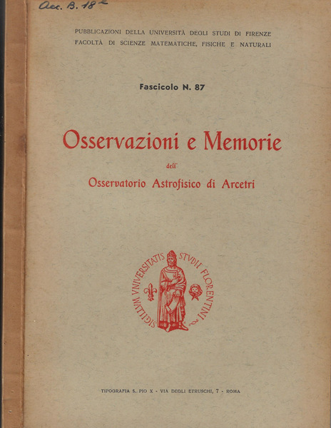 Osservazioni e memorie dell'Osservatorio Astrofisico di Arcetri Fascicolo 87 1965