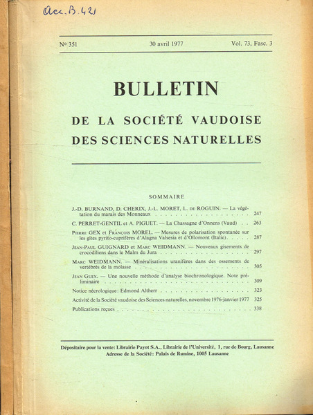 Bulletins de la société Vaudoise des sciences naturelles, vol.73 fasc.3 …
