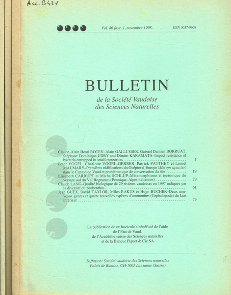 Bulletin de la Societé Vaudoise des Sciences Naturelles. Vol.86, fasc.1, …