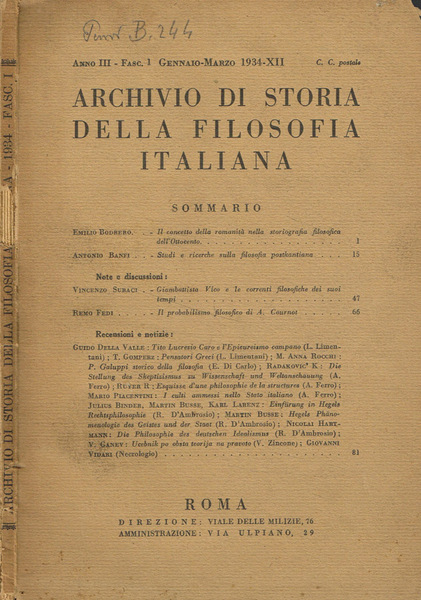 Archivio di storia della filosofia italiana. Anno II fasc.I, gennaio-marzo …