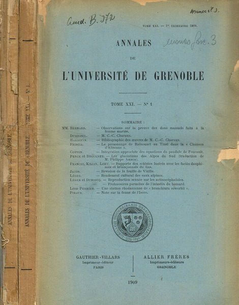 Annales de l'université de Grenoble. Tome XXI, fasc.I, II, 1909