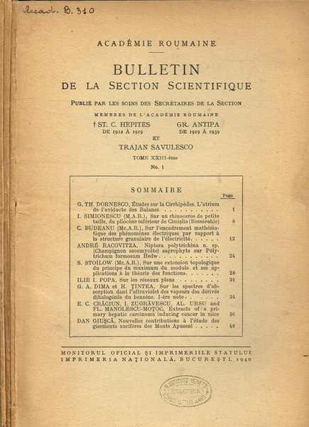 Academie roumaine. Bullettin de la section scientifique tome XXIII, fasc.1, …