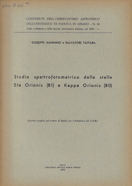 Studio Spettrofotometrico delle stelle Eta Orionis (B1) e Kappa Orionis …