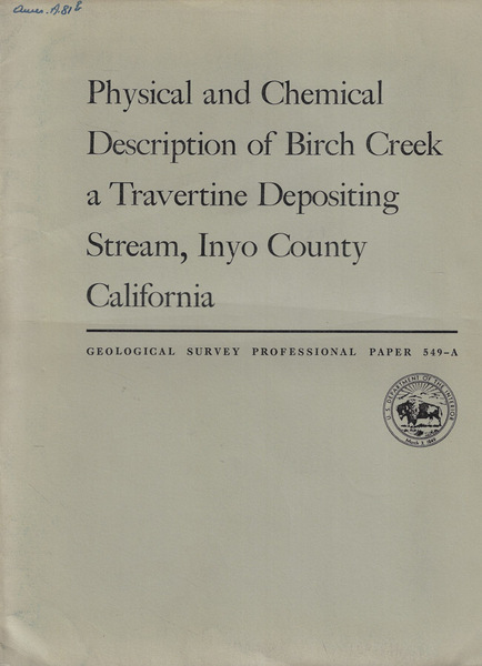 Physical and Chemical Description of Birch Creek a Travertine Depositing …